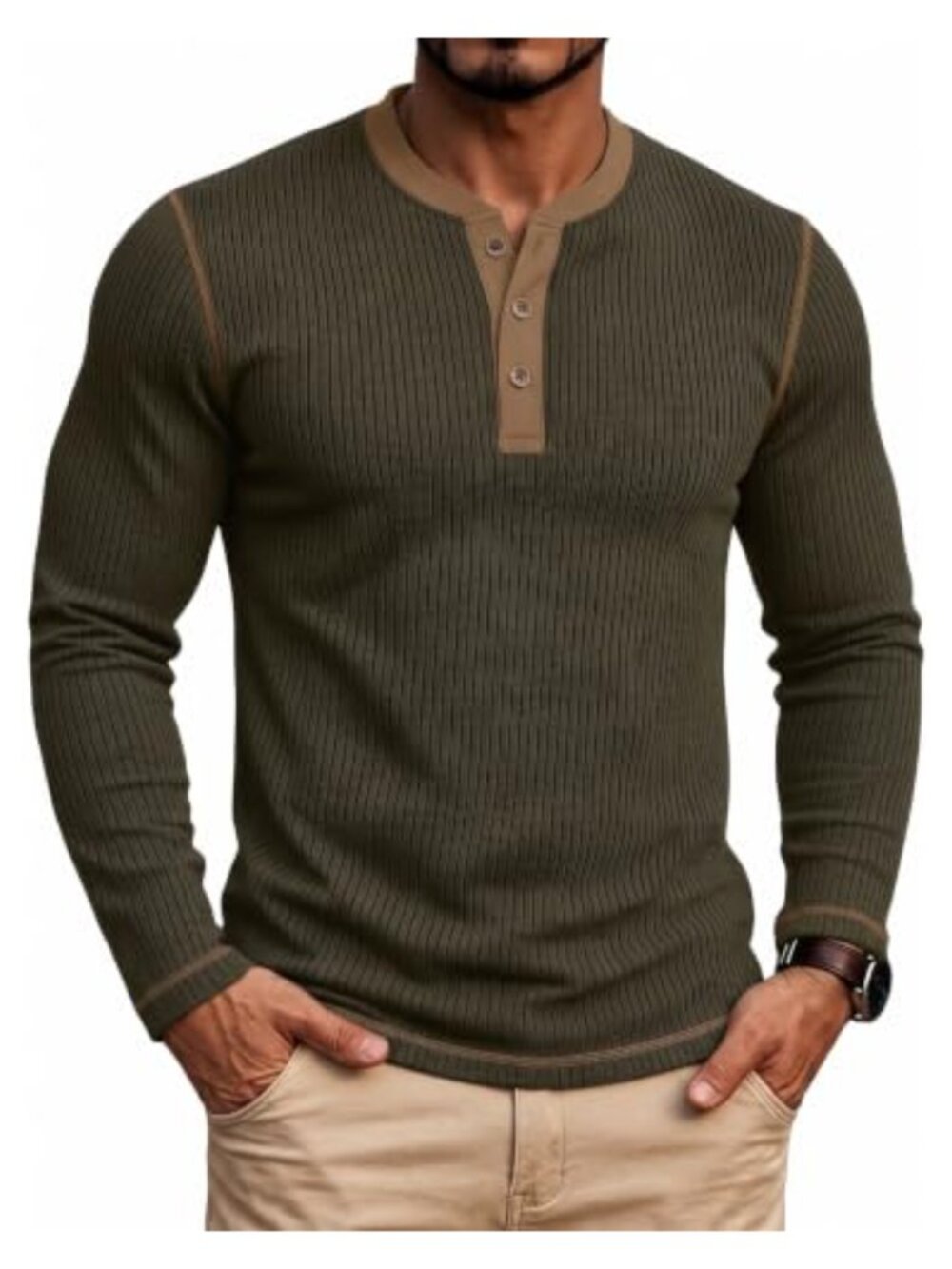 Men's Henley Shirt Long Sleeve Ribbed Knit Button Up Stretch Casual Top